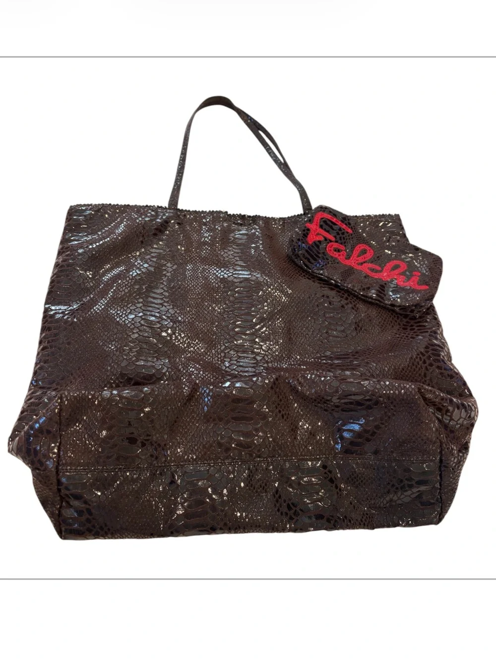 Carlos Falchi NWOT Oversized Embossed Snakeskin Tote Brown w/ Matching Zip Pouch